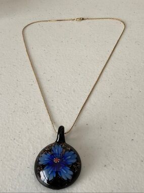 Murano Blue Floral Glass Pendant Necklace - Gold Chain